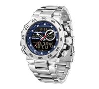 findtime Reloj de pulsera digital para hombre, deportivo, impermeable, militar, con pantalla LED, pantalla analógica y digital, Metal-azul plateado, Pulsera