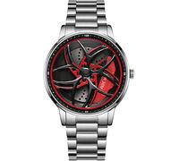 findtime Reloj de pulsera para hombre, diseño de esqueleto 3D, rotación de coche, acero inoxidable, correa de cuero, reloj analógico de cuarzo, para la vida cotidiana, impermeable, único y creativo
