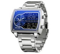 findtime Reloj de pulsera para hombre, rectangular, retro, lujoso, digital, analógico, cuarzo, clásico, informal, tres zonas horarias, resistente al agua, luminoso, esfera grande para hombres, color