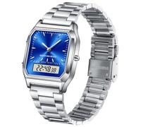 findtime Reloj de pulsera unisex analógico, digital, retro, reloj de cuarzo, resistente al agua, iluminación con fecha, alarma, cronómetro, reloj de mujer, reloj vintage y elegante, azul plateado