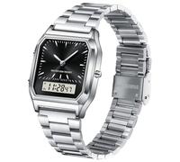 findtime Reloj de pulsera unisex analógico, digital, retro, reloj de cuarzo, resistente al agua, iluminación con fecha, alarma, cronómetro, reloj de mujer, reloj vintage y elegante, Plateado y negro
