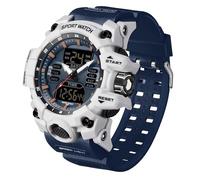 FindTime Reloj deportivo militar resistente al agua, digital, con retroiluminación LED, alarma, cronómetro, Blanco y azul, Correa