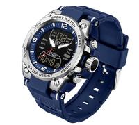 Findtime - Reloj deportivo para hombre, impermeable, impermeable, 50 m, reloj deportivo militar, de cuarzo, analógico, doble tiempo, LED, calendario, cronómetro 12/24 h, Plateado azul
