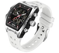 findtime Reloj deportivo para hombre, resistente al agua, analógico, alarma, cronómetro, cuenta regresiva, digital, diseño único tonneau, pantalla de doble hora, correa de silicona estilo punk, blanco