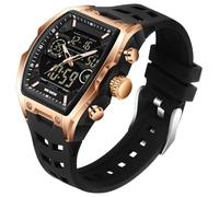 findtime Reloj deportivo para hombre, resistente al agua, analógico, alarma, cronómetro, cuenta regresiva, digital, diseño único tonneau, pantalla de doble hora, correa de silicona estilo punk, Oro