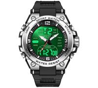Findtime Reloj digital para hombre, reloj digital impermeable de gran pantalla 50 m, relojes deportivos militares, de cuarzo, analógico, doble tiempo, LED, calendario, cronómetro 12/24H, Negroplateado