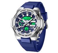 findtime Reloj digital táctico militar para hombre, resistente al agua, 5 ATM, reloj analógico con retroiluminación LED de 12/24 horas, cuenta regresiva, Azul plateado, Correa