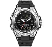 findtime Reloj digital táctico militar para hombre, resistente al agua, 5 ATM, reloj analógico con retroiluminación LED de 12/24 horas, cuenta regresiva, Negro y plateado, Correa