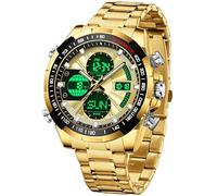 findtime Relojes de lujo de acero inoxidable para hombre, analógico, digital, dorado, con alarma de cuenta regresiva, tres zonas horarias, impermeable, clásico, reloj de pulsera de negocios, Oro