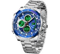 findtime Relojes de lujo de acero inoxidable para hombre, analógico, digital, dorado, con alarma de cuenta regresiva, tres zonas horarias, impermeable, clásico, reloj de pulsera de negocios, Azul
