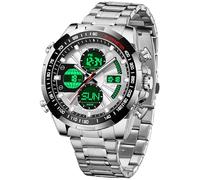 findtime Relojes de lujo de acero inoxidable para hombre, analógico, digital, dorado, con alarma de cuenta regresiva, tres zonas horarias, impermeable, clásico, reloj de pulsera de negocios, Plateado