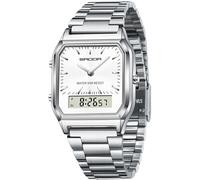findtime Relojes para mujer y hombre, retro, clásico, cuadrado, correa de acero inoxidable, analógico, digital, 5 ATM, resistente al agua, LED, fecha, día de la semana, tres zonas horarias, reloj de