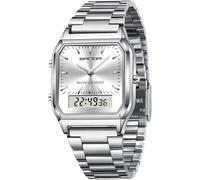 findtime Relojes para mujer y hombre, retro, clásico, cuadrado, correa de acero inoxidable, analógico, digital, 5 ATM, resistente al agua, LED, fecha, día de la semana, tres zonas horarias, reloj de