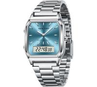 findtime Relojes para mujer y hombre, retro, clásico, cuadrado, correa de acero inoxidable, analógico, digital, 5 ATM, resistente al agua, LED, fecha, día de la semana, tres zonas horarias, reloj de