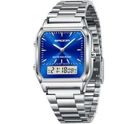 findtime Relojes para mujer y hombre, retro, clásico, cuadrado, correa de acero inoxidable, analógico, digital, 5 ATM, resistente al agua, LED, fecha, día de la semana, tres zonas horarias, reloj de