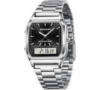 findtime Relojes para mujer y hombre, retro, clásico, cuadrado, correa de acero inoxidable, analógico, digital, 5 ATM, resistente al agua, LED, fecha, día de la semana, tres zonas horarias, reloj de