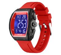 findtime Tonneau - Reloj digital para hombre, reloj de pulsera deportivo, impermeable, a la moda, con números grandes, alarma, LED, calendario, doble hora, correa de silicona casual, Rojo -, Casual