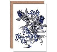 Fine Art Prints Tarjeta de felicitación con ilustración de carpa koi japonesa con sobre en el interior de alta calidad, azul, beige, gris y blanco