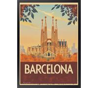 Fine Artic Cuadro Barcelona Vintage - Poster de Sagrada Familia con Marco de madera Negro - Arte mural Paisaje Urbano decoración Moderna Retro - Cuadros Turísticos