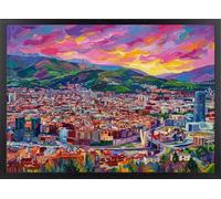 Fine Artic Cuadro Bilbao desde Artxanda Fauvista - Poster Estilo Matisse con Marco de madera Negro - Arte mural Paisaje del País Vasco decoración Moderna - Cuadros Coloridos
