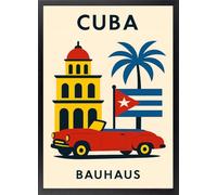 Fine Artic Cuadro Cuba estilo Bauhaus - Poster Bauhaus La Habana y Bandera cubana Marco Negro - Arte mural decoración Moderna de Salón - Lámina enmarcada de Travel poster