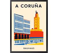 Fine Artic Cuadro de A Coruña Torre de Hércules - Poster de Estilo Bauhaus Minimalista con Marco de madera - Arte mural Arquitectura Gallega decoración de Salón - Cuadros Decorativos Modernos