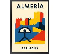 Fine Artic Cuadro de Almería Travel City Bauhaus - Poster de Alcazaba e Indalo con Marco de madera Negro - Arte mural de España decoración Moderna de Andalucía - Cuadros Minimalista