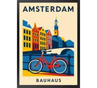 Fine Artic Cuadro de Amsterdam travel city Bauhaus - Poster de Bicicleta y Canales con Marco de madera Negro - Arte mural de Países Bajos decoración Moderna de Europa - Lámina enmarcada Minimalista