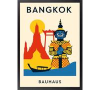 Fine Artic Cuadro de Bangkok Templos y Guardián - Poster de Estilo Bauhaus Geométrico con Marco de madera - Arte mural Tailandia Exótica decoración de salón - Cuadros Decorativos Modernos