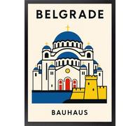 Fine Artic Cuadro de Belgrado Templo de San Sava - Poster de Serbia estilo Bauhaus con Marco de madera - Arte mural Arquitectura Ortodoxa decoración de Despacho - Cuadros de Ciudades del Mundo