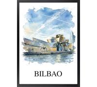 Fine Artic Cuadro de Bilbao Museo - Poster Bilbao Acuarela con Marco de madera Negro - Arte mural del País Vasco decoración de Salón Moderna - Cuadros de España