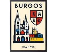 Fine Artic Cuadro de Burgos Catedral y Escudo - Poster de Estilo Bauhaus Geométrico con Marco de madera - Arte mural Arquitectura de Castilla y León decoración de Salón - Cuadros Decorativos Góticos