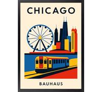 Fine Artic Cuadro de Chicago Skyline y Tren - Poster de Noria Navy Pier con Marco de madera - Arte mural Estilo Bauhaus Geométrico decoración de salón - Cuadros minimalistas
