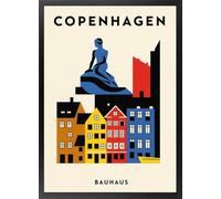 Fine Artic Cuadro de Copenhague y La Sirenita - Poster de Nyhavn estilo Bauhaus con Marco de madera - Arte mural escandinavo geométrico decoración para salón - Cuadros Arte Nórdico