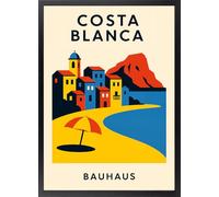 Fine Artic Cuadro de Costa Blanca y Altea - Poster de Peñón de Ifach estilo Bauhaus con Marco de madera - Arte mural Valencia diseño geométrico decoración para casa de playa - Láminas de Alicante