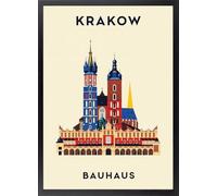 Fine Artic Cuadro de Cracovia Basílica de Santa María - Poster de Polonia y Centro Histórico con Marco de madera - Arte mural Estilo Bauhaus Geométrico decoración para Salón - Cuadros Polacos