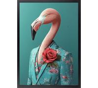 Fine Artic Cuadro de Flamenco con Traje - Poster de Animal Antropomórfico con Marco de madera Elegante - Arte mural Surrealista decoración Moderna de Aves - Lámina enmarcada Original