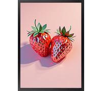 Fine Artic Cuadro de Fresas Low Poly - Poster de Frutas Geométricas con Marco de madera Negro - Arte mural 3D decoración de Cocina Moderna - Lámina enmarcada Minimalista