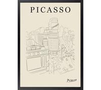 Fine Artic Cuadro de Gran Vía y Callao estilo Picasso - Poster de Madrid con Marco de madera Negro - Arte mural Minimalista decoración de Salón Moderna - Lámina enmarcada de España