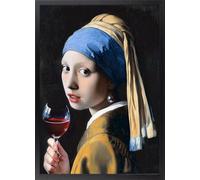 Fine Artic Cuadro de La Joven de la Perla con Vino - Poster de Johannes Vermeer con Marco de madera Negro - Arte mural Barroco decoración Moderna de Parodia - Cuadros de Sommelier