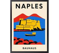 Fine Artic Cuadro de Nápoles Castel dell'Ovo - Poster de Monte Vesubio con Marco de madera - Arte mural Estilo Bauhaus decoración para Salón - Cuadros de Nápoles