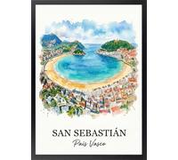 Fine Artic Cuadro de playa de La Concha de San Sebastián- Poster de Donostia en Acuarela con Marco de madera Negro - Arte mural de Viajes decoración Moderna de España - Cuadros de Playa