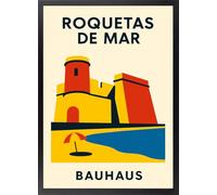 Fine Artic Cuadro de Roquetas de Mar Almería - Poster de Castillo de Santa Ana con Marco de madera - Arte mural estilo Bauhaus geométrico decoración veraniega - Cuadros de Almería