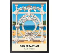 Fine Artic Cuadro de San Sebastián - Poster Retro con Marco de madera Negro - Arte mural de la Bahía de La Concha decoración de Salón - Cuadros de Viajes País Vasco