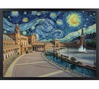 Fine Artic Cuadro de Sevilla Plaza de España - Poster Sevilla de Noche Estrellada con Marco de madera Andalucía - Arte mural Sevilla decoración Moderna España - Lámina enmarcada Van Gogh