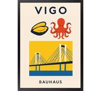 Fine Artic Cuadro de Vigo y el Puente de Rande - Poster de Galicia Bauhaus con Pulpo con Marco de madera - Arte mural moderno decoración de cocina o restaurante - Cuadros gallegos minimalistas