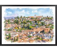 Fine Artic Cuadro del Barrio del Albaicín estilo acuarela - Poster de Granada con Marco