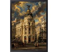Fine Artic Cuadro del Edificio Metrópolis de Madrid Barroco - Poster de Gran Vía con Marco de madera Negro - Arte mural decoración Madrileña de España - Cuadros de Ciudades