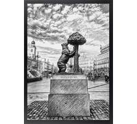 Fine Artic Cuadro del Oso y el Madroño en Sol - Poster de Madrid en blanco y negro con Marco de madera Negro - Arte mural de Madrid decoración de Salón - Cuadros Clásica