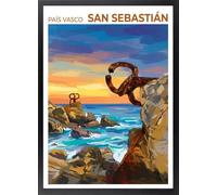 Fine Artic Cuadro del Peine del Viento de San Sebastián - Poster de Chillida con Marco de madera Negro - Arte mural de Euskadi decoración de Salón Moderna - Cuadros de Ciudad